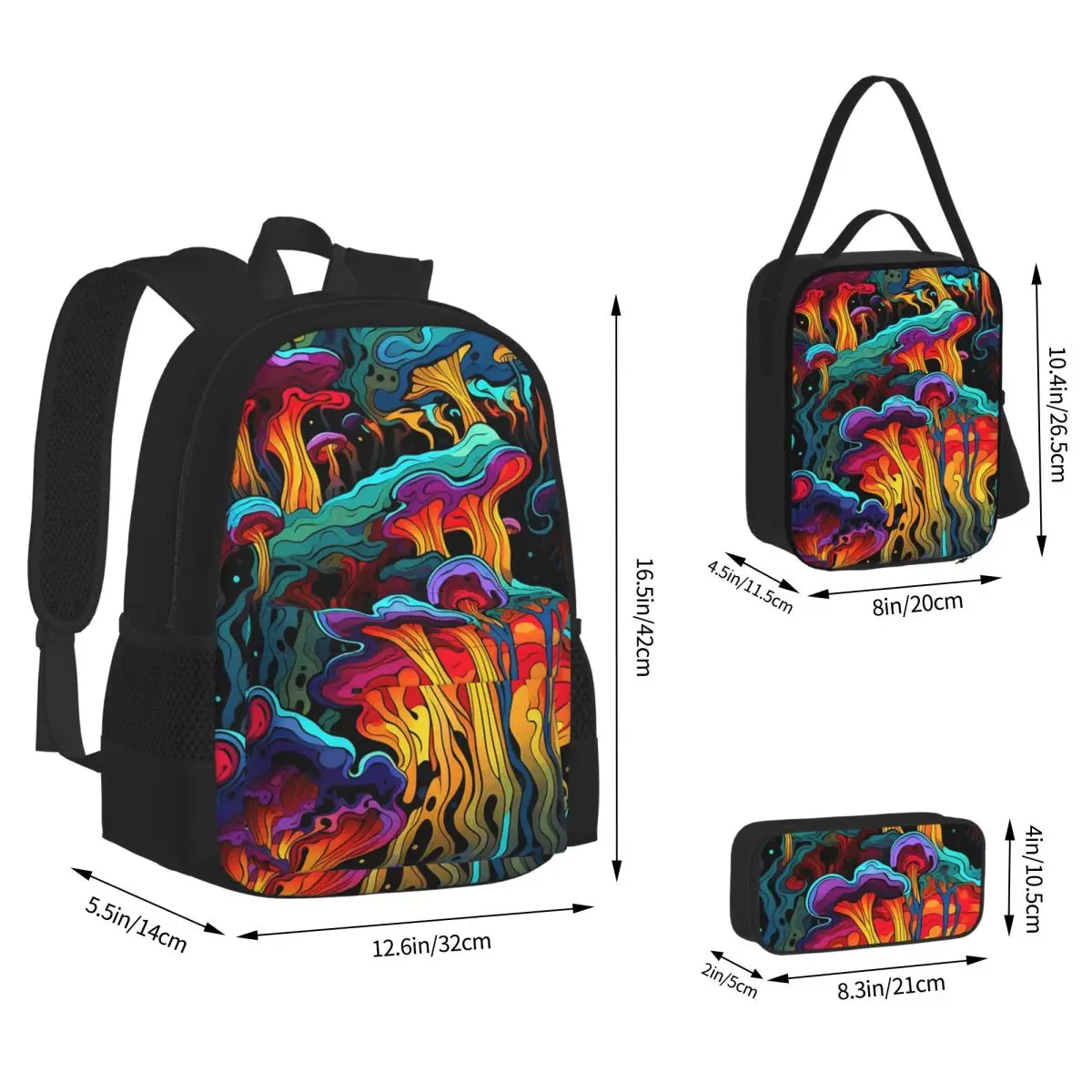 Acid Trippy Weird Psychedelic Wavy Mushroom BackpacksStudents School Bags Kids Rucksack Lunch Bag Pen Bag Three-Piece Set