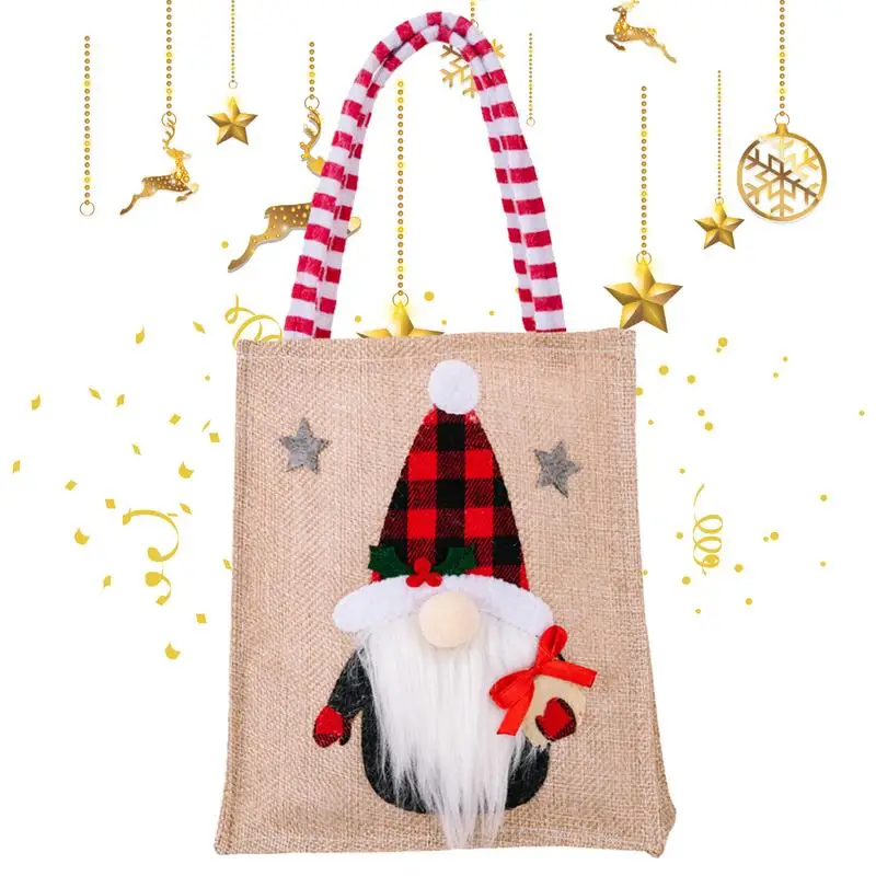 Burlap Christmas Tote Bag Reusable Burlap Santa Embroidered Tote Bag For Gifts Kids Birthday Party Treat Goodie Handbag For