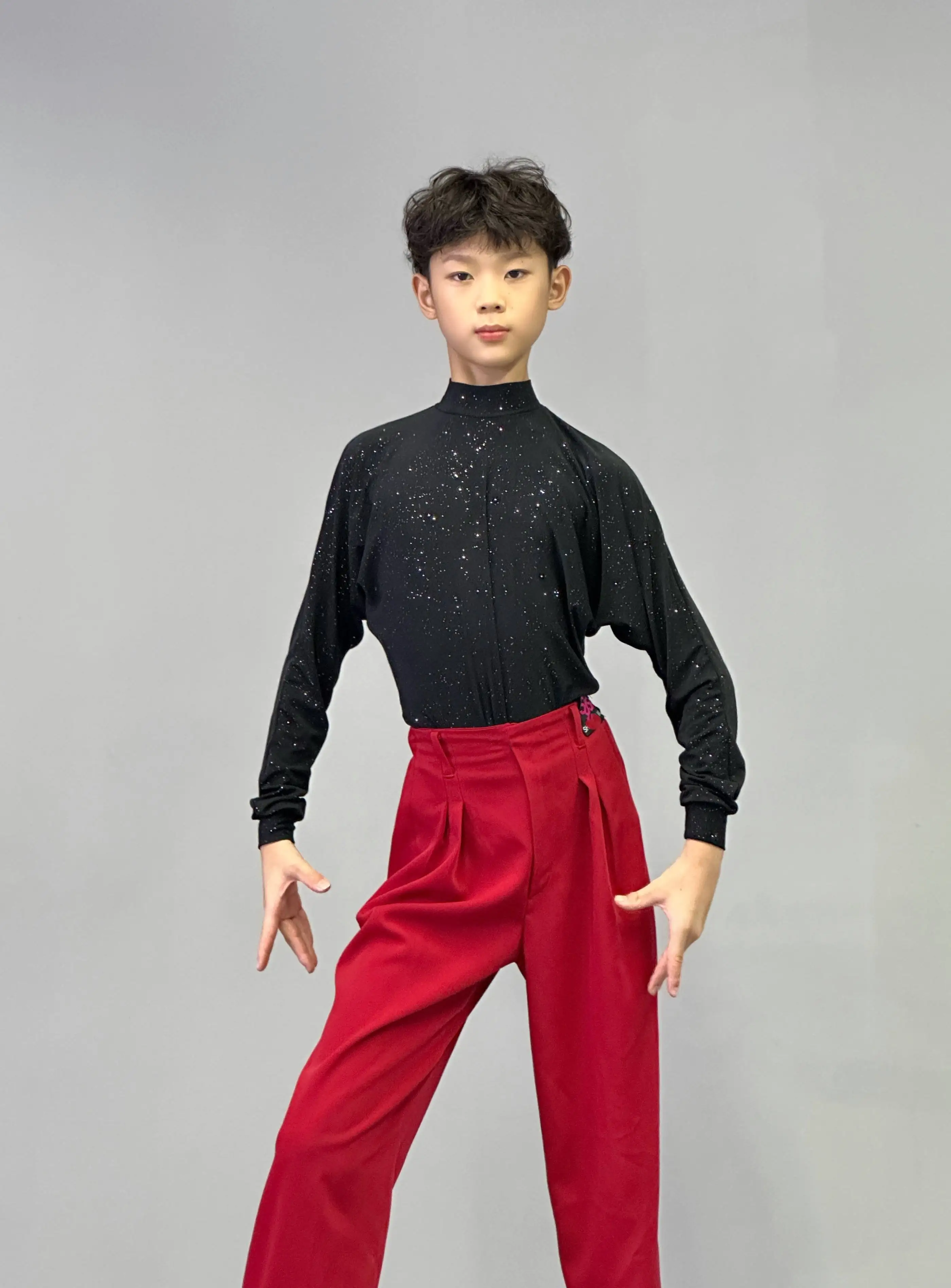 2024 New Latin Dance Tops For Boys Black Shine Long Sleeved Practice Clothes Samba Tango Chacha Latin Performance Wear DN18698