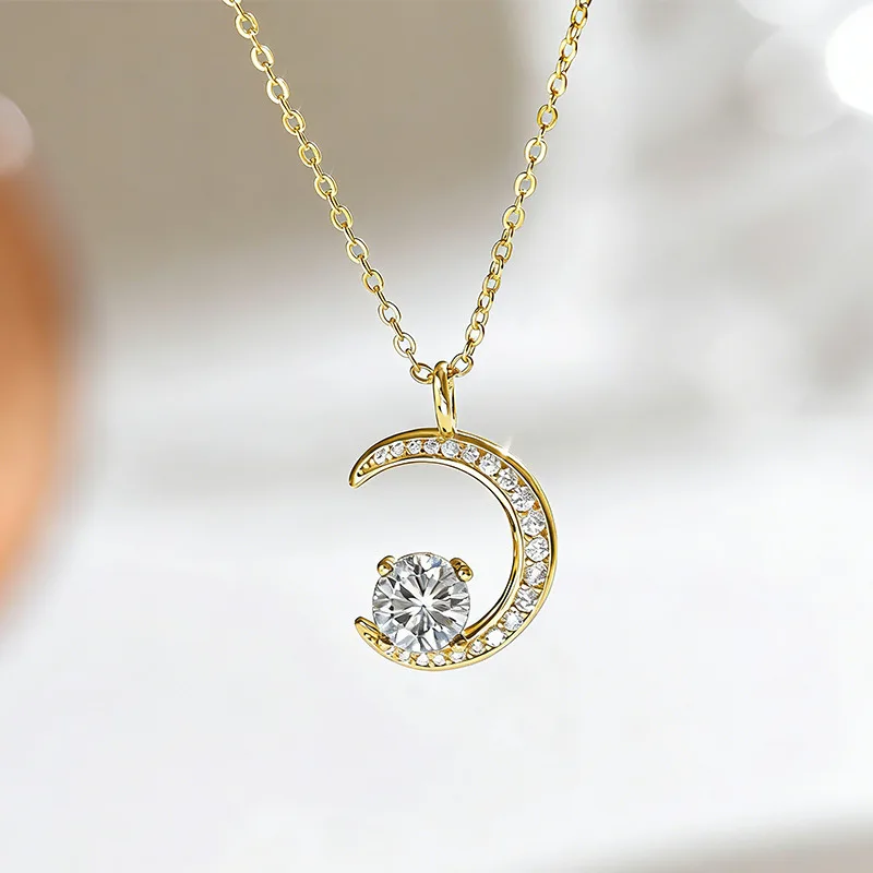 S925 Silver Plated 18K Gold Round Moissanite Diamond Star Moon Glow Necklace Main Stone 6.0mm/0.8ct