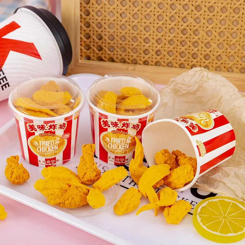 1 Bucket of Nine Creative Simulated Fried Chicken Bucket Eraser Set Drum Stick and Chicken Wing Eraser, Christmas Gift for Child