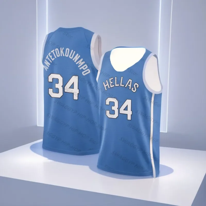 Grecian monster HELLAS 2024 Summer Limited Basketball Jersey-Blue #34 Classic Vintage Basketball Player Unisex Tops Kids/Adults