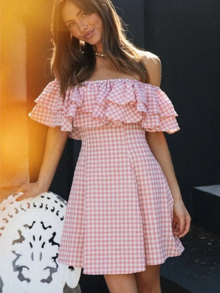 

Lady Elegant Pink Plaid Dress Fashion Sexy Ruffles Short Sleeve Mini Backless Dresses For Women Summer Casual Party Skirt Dress