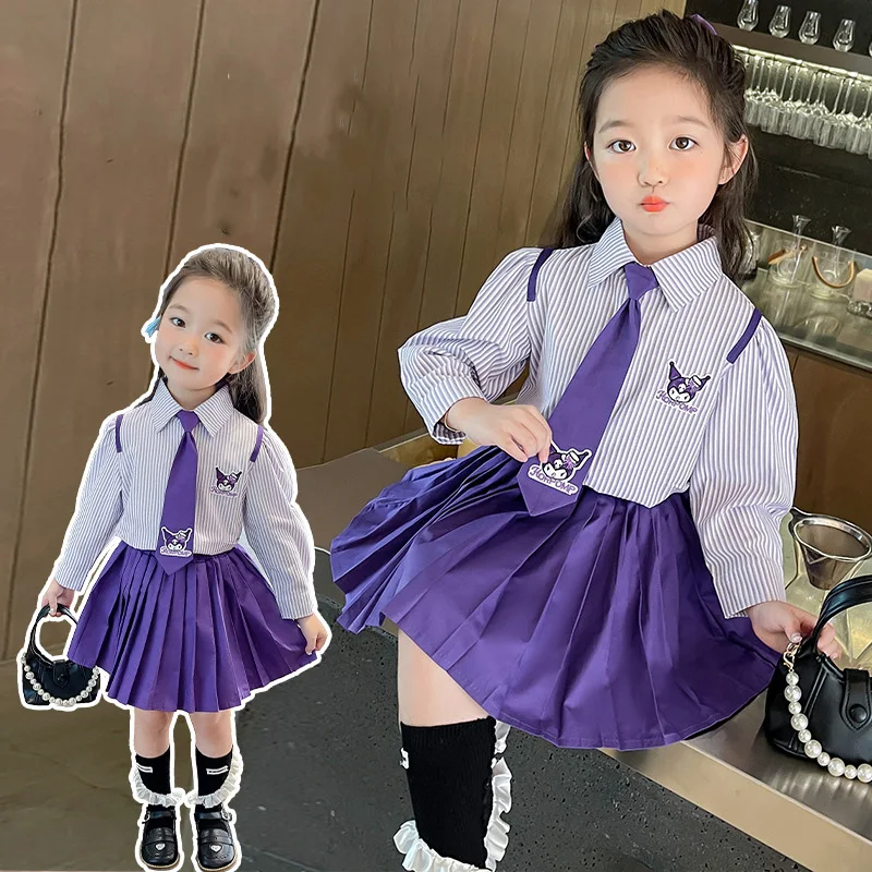 مجموعة قميص وتنورة مطوية بأكمام طويلة من Anime Kuromi Academy للفتيات JK طالب الحرم الجامعي نمط قطعتين الزي هدايا العيد