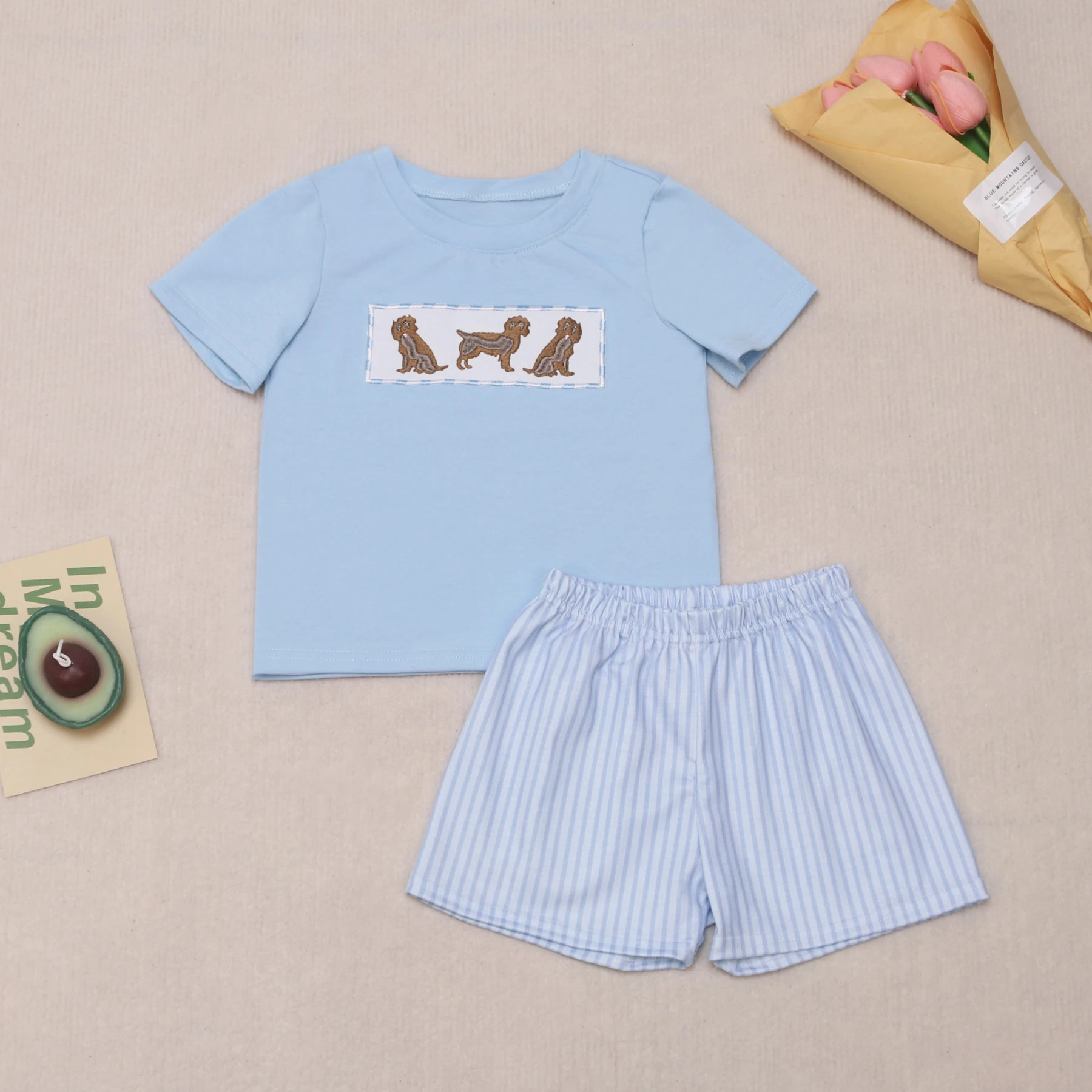 Boutique Baby Kids Girl Pink Short Sleeved Boy Blue T-shirt Set Round Neck Puppy Embroidery Top Clothes And Latice Short Suit