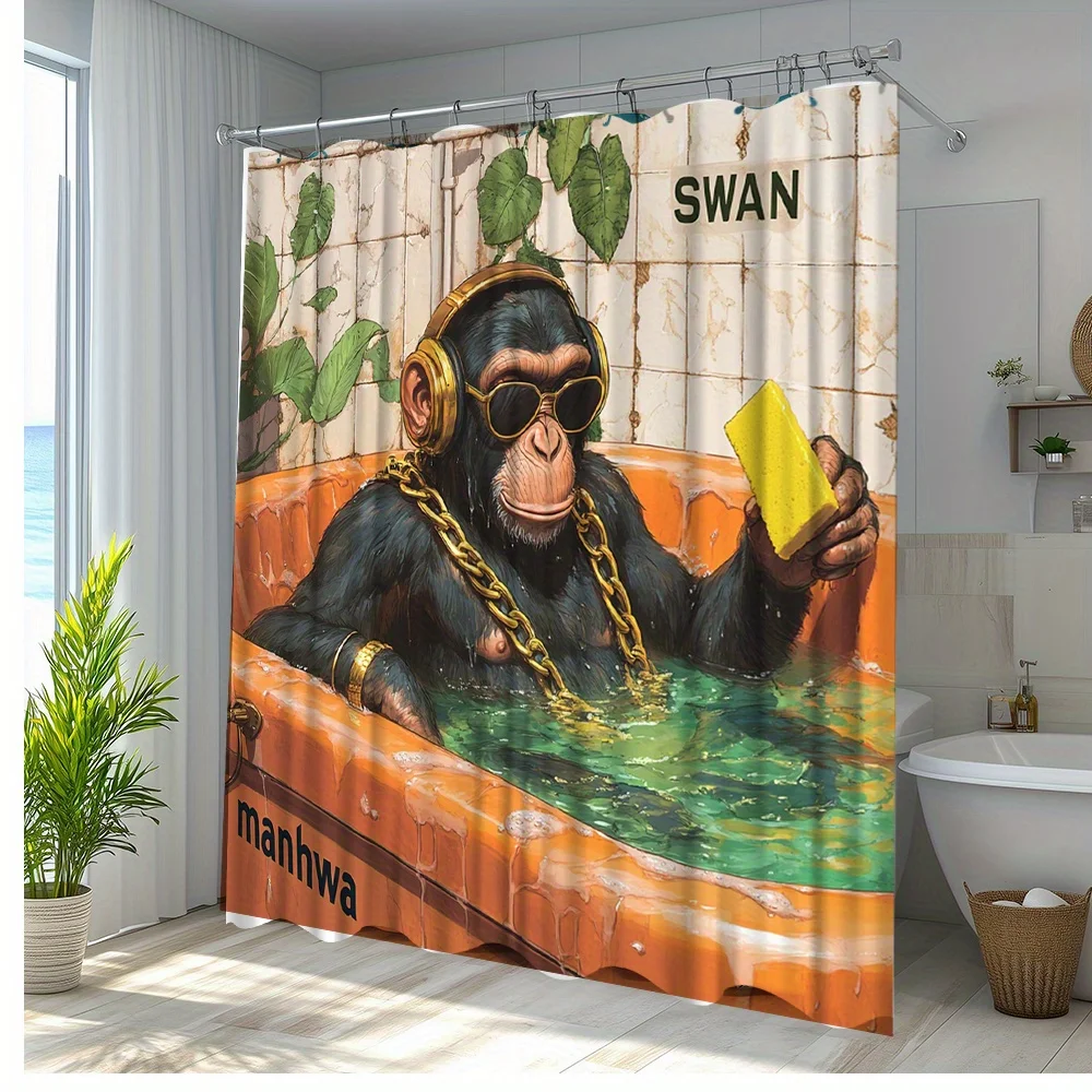 1pc Creative Monkey in Bathtub Shower Curtain - Cool Fashion Glasses & Golden Chains Design, Vibrant Polyester Fabric Bathroom