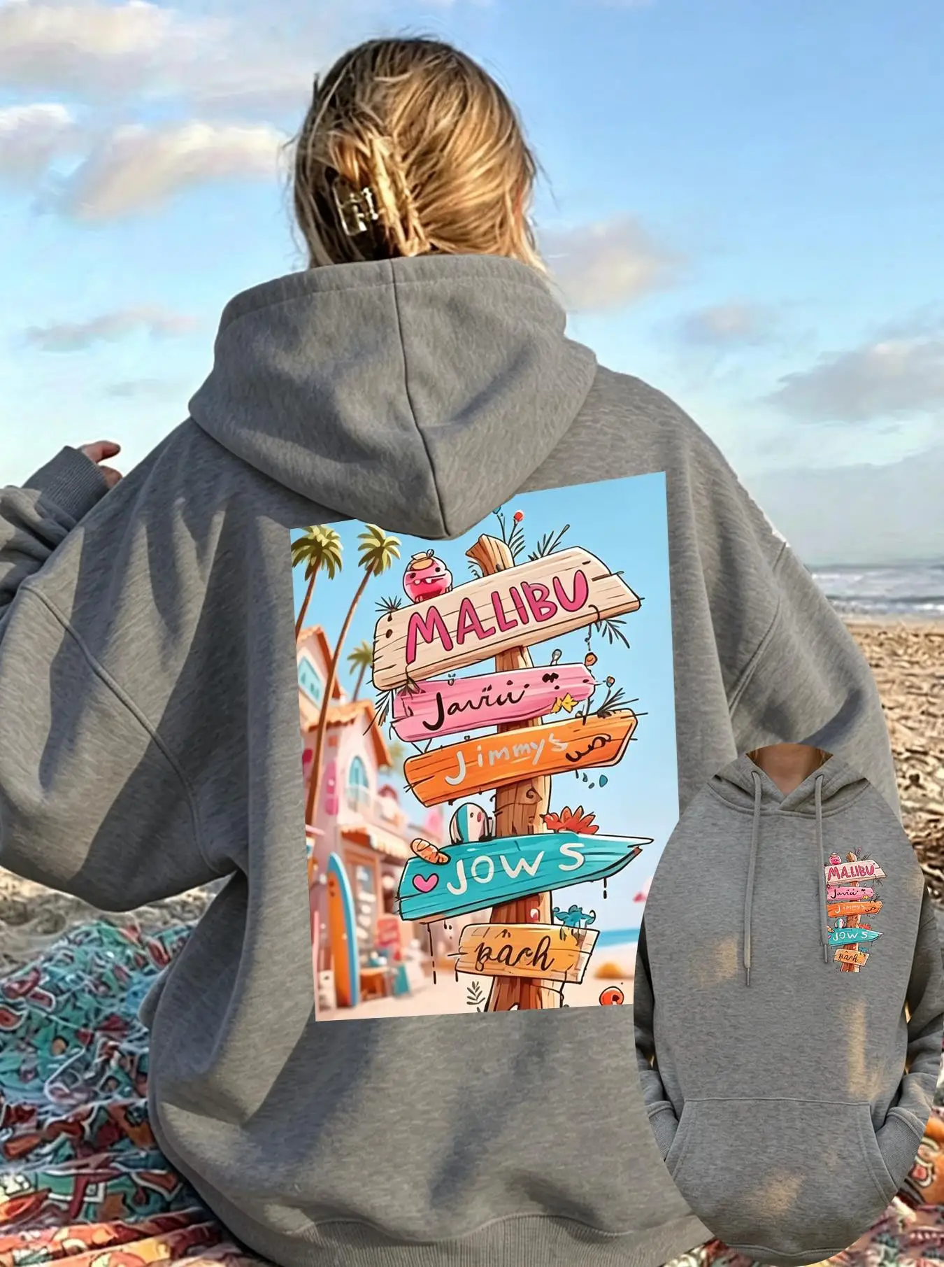 Malibu Coastal Street Sign Pattern Pocket Fleece Clothing Woman'S Autumn Casual Streetwear Soft Sport Hoody Y2K Simple Tops