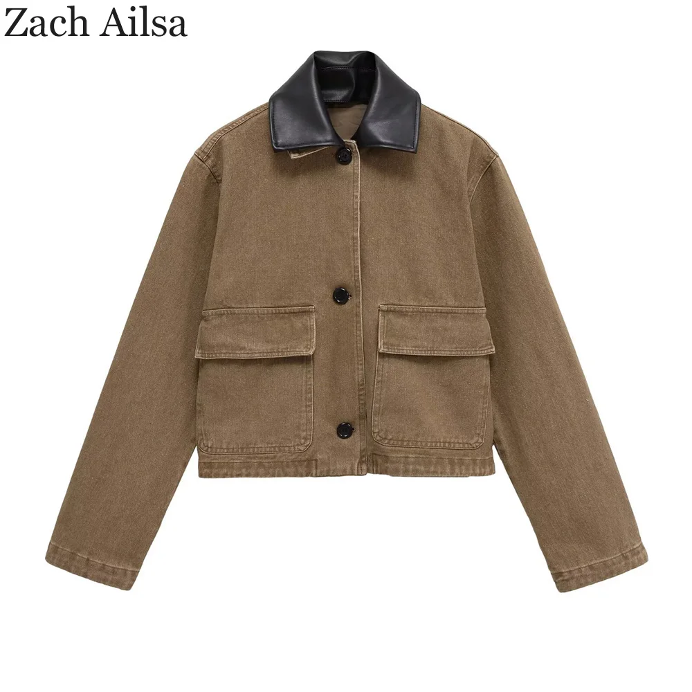 

Осень 202, женская крутая куртка Sa, контрастный цвет, воротник, длинный рукав, карман, украшение, куртка, ковбойское пальто