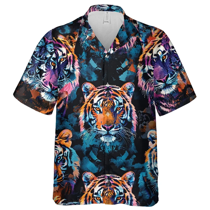 Hawaiian Beach Tiger Graphic Shirts For Men Clothing Funny Animal Surfing 3D Printed Short Sleeve Holiday Party Y2k Tops Blouse