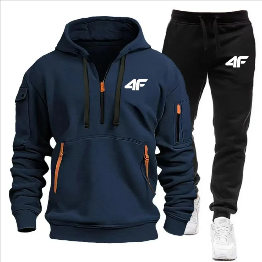 Men's tracksuit zipper hood multi-pocket and protective pants casual jogging tracksuit fall/winter 2-piece setLarge size S-3XL