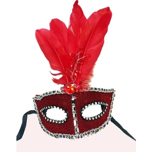 Sable Beads Embroidered Ruched Feathered Christmas Party Mask Red Color