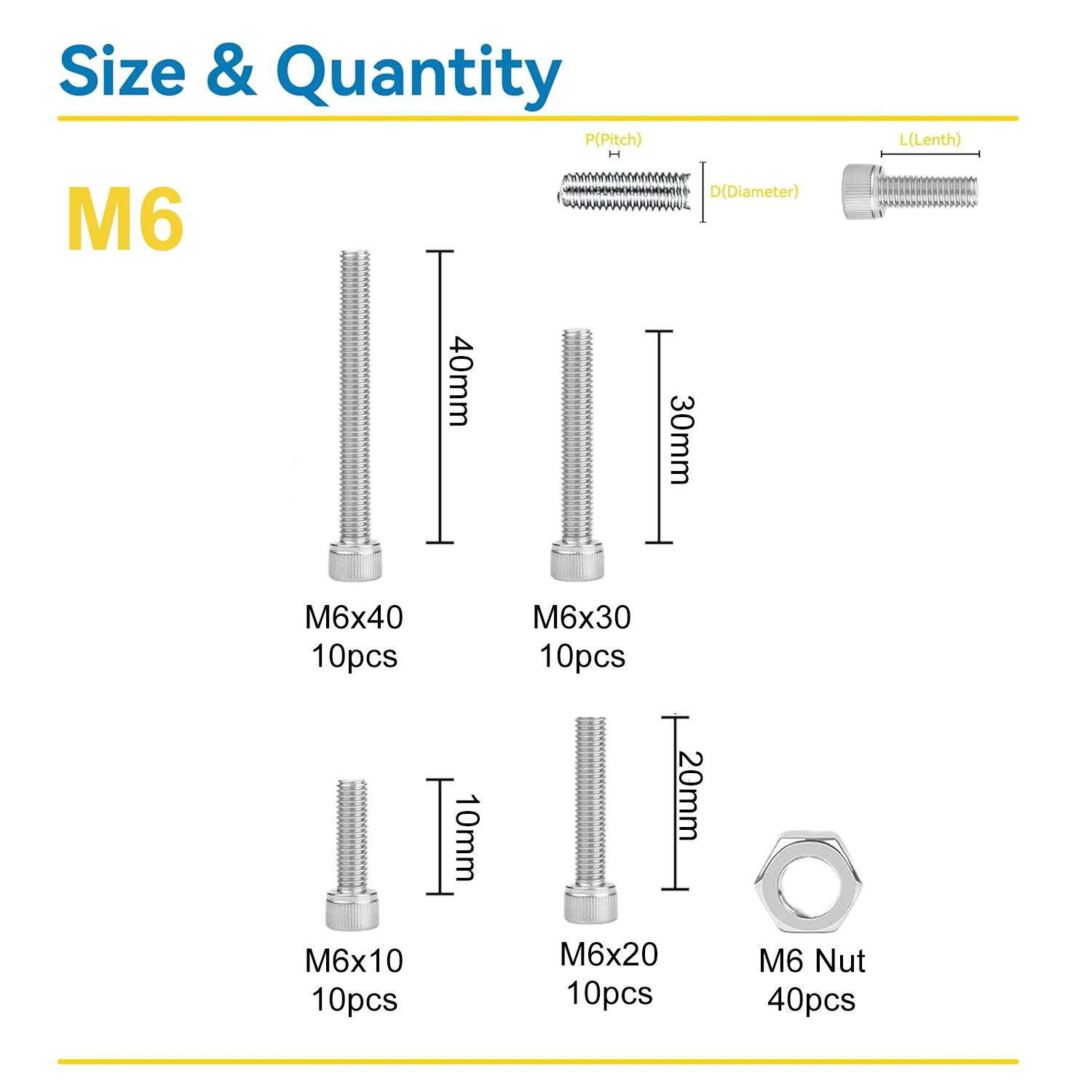 Picture 3: 80PCS M6 Screws Assortment Kit, 304 Stainless Steel Hex Socket Head Cap Screws Bolts Nuts Set, M6 x 10/20/30/40 for 3D Printer