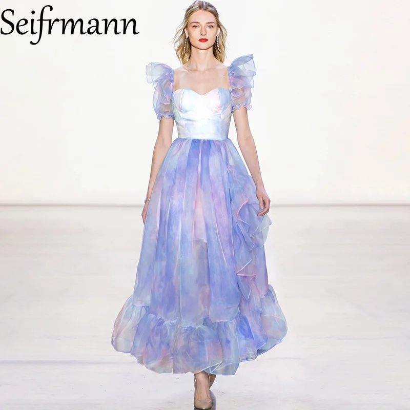 

Seifrmann Colorful printed dress square neck short sleeves waist long dress 2026 summer fashion women's