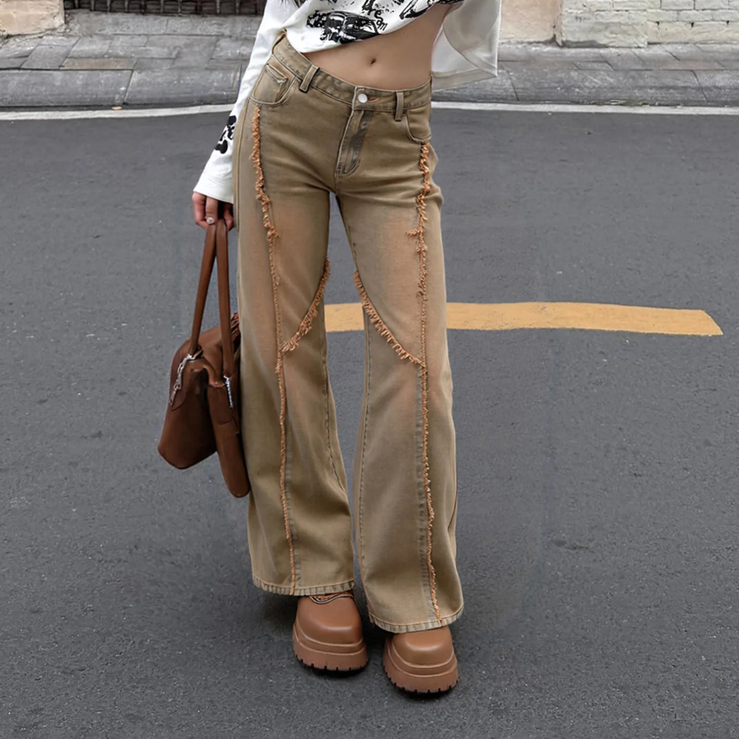 

Y2K Vintage Jeans Fringe Straight Leg Loose Street Style for American and European Women