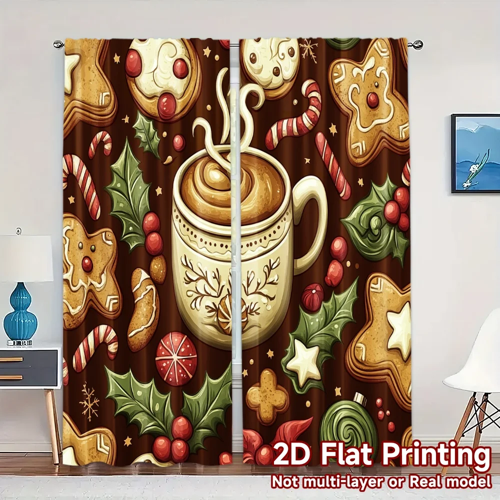 2pcs,Curtains Christmas cookies hot chocolate festive Popular Curtains&Window Treatment Versatile Durable Polyester Curtains
