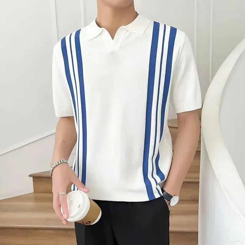 

White Blue Striped Black Mens with Collar T-shirt Kpop Short Quarter Sleeve Chic Loose Men's Clothing 2025 Tee Male Polo Shirts