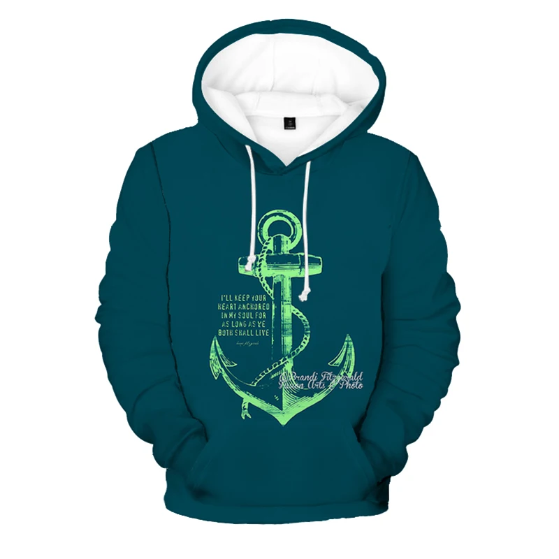 Sailing Boat Anchor Pattern Men's Hoodie Vintage Lake Green Long sleeved Top Spring/Autumn Casual Loose Sportswear Hooded Coat