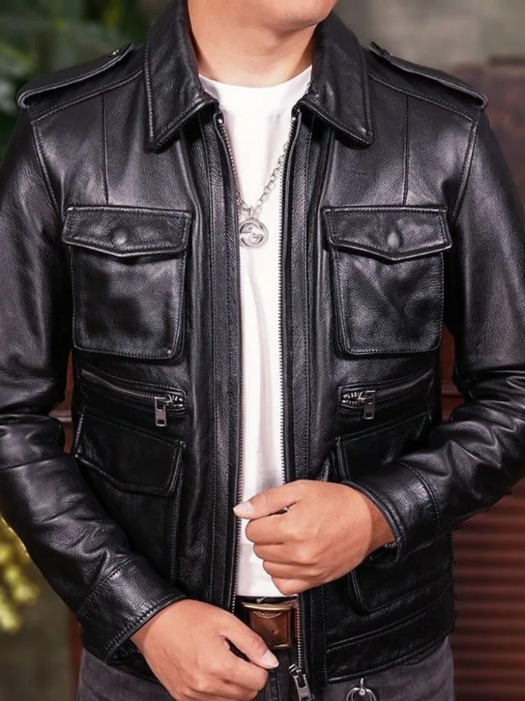 

Мужская кожаная куртка Slim Fit в винтажном стиле с отложным воротником, повседневная, осенняя, на молнии, из натуральной кожи высшего качества