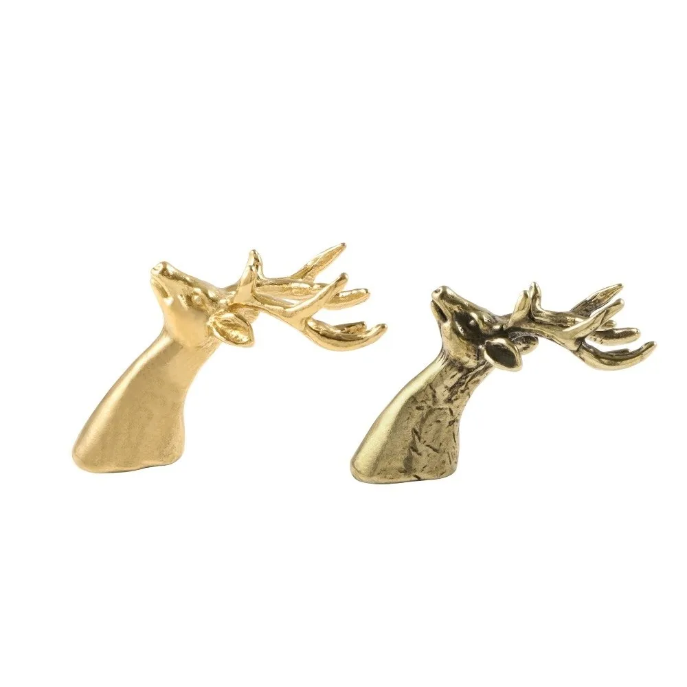 Retro Brass Cabinet Pull Vintage Single Hole Solid Deer Head Drawer Handle Animal Series Push-pull