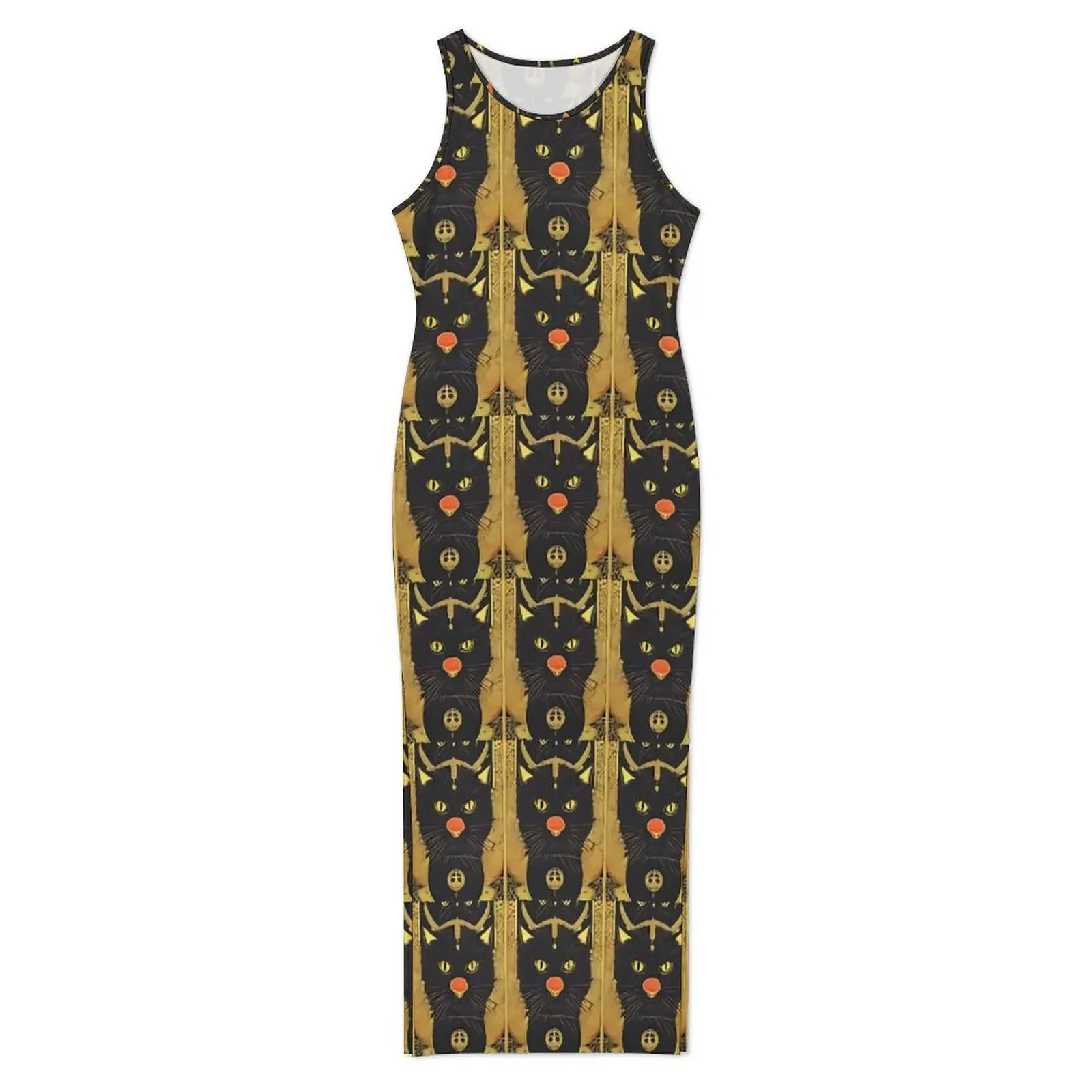 Abito da tarocchi retrò senza maniche con stampa di gatti neri Abiti lunghi moderni Estate Y2K Moda personalizzata Abito aderente fai da te Taglia grande 4XL