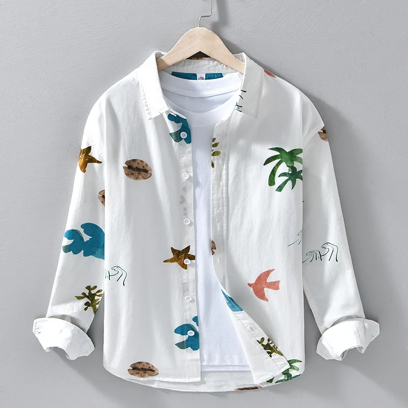 

Японская модная мужская рубашка с длинным рукавом с принтом, весна-лето, гавайские рубашки, мужской пляжный топ, повседневная удобная одежда из чистого хлопка