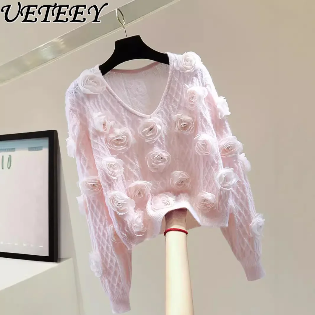 Heavy Industry Flower Diamond-encrusted Long-sleeved Top Autumn Winter Korean Version Loose High-waisted Short V-neck Sweater