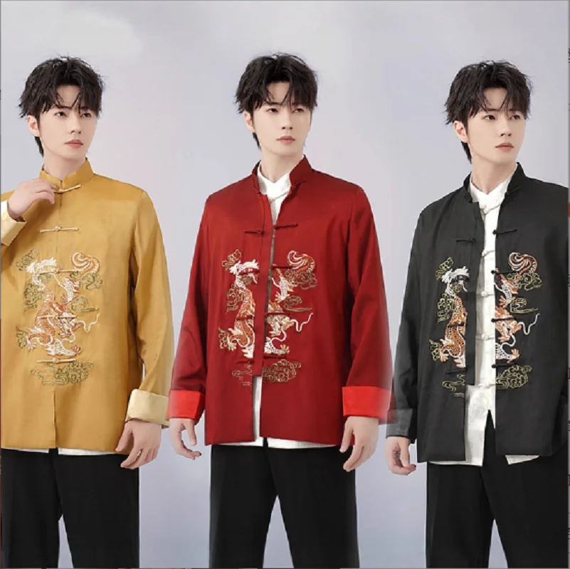 

Wholesale New Men's Embroidered Dragon Satin Jacket Spring Autumn Chinese Style Tang Long Sleeve Shirt Tai Chi Kung Fu Coat
