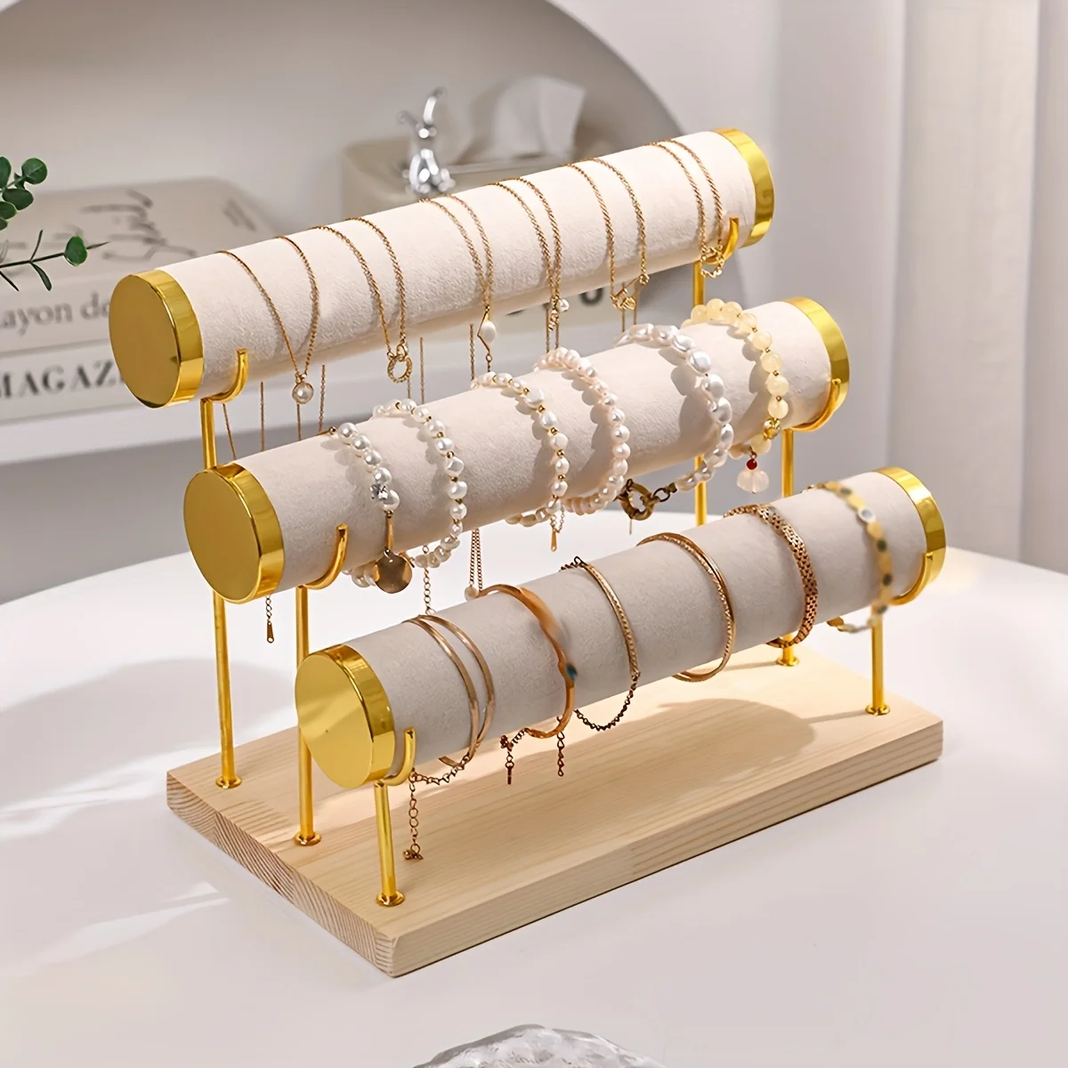 Gold Rim Velvet Bracelet Display Stand, Multi-Tier Wooden Base Jewelry Holder for Bangles Necklaces - view 5