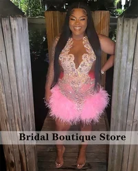 Sparkly Pink Diamonds Short Prom Dress 2024 Glitter Crystals Beads Feathers Senior Homecoming Birthday Plus Size Customized