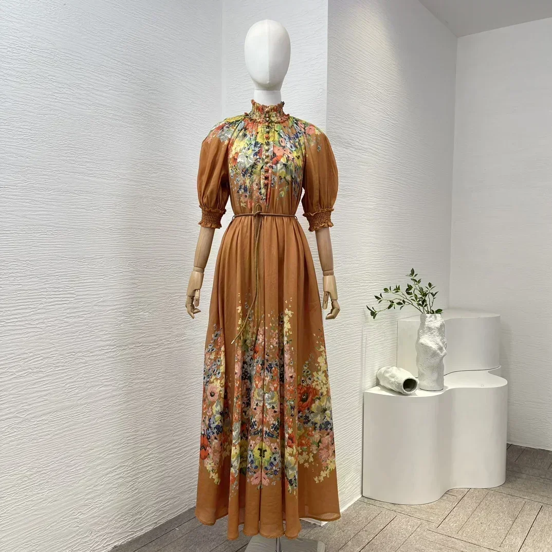 Self Tie Belt Ramie Orange Turtleneck Floral Printing Half Sleeve High Quality 2024 New Women Vintage Loose Maxi Dress