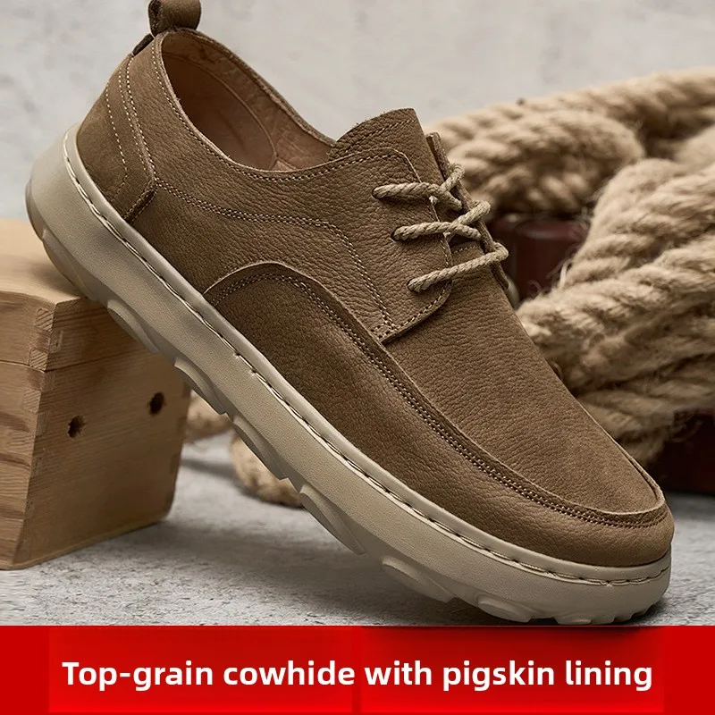 

Spring New Arrival Men's Casual Leather Shoes Thin Thick Bottom Retro Bottom Lace-Up Breathable round Toe Rubber Sole