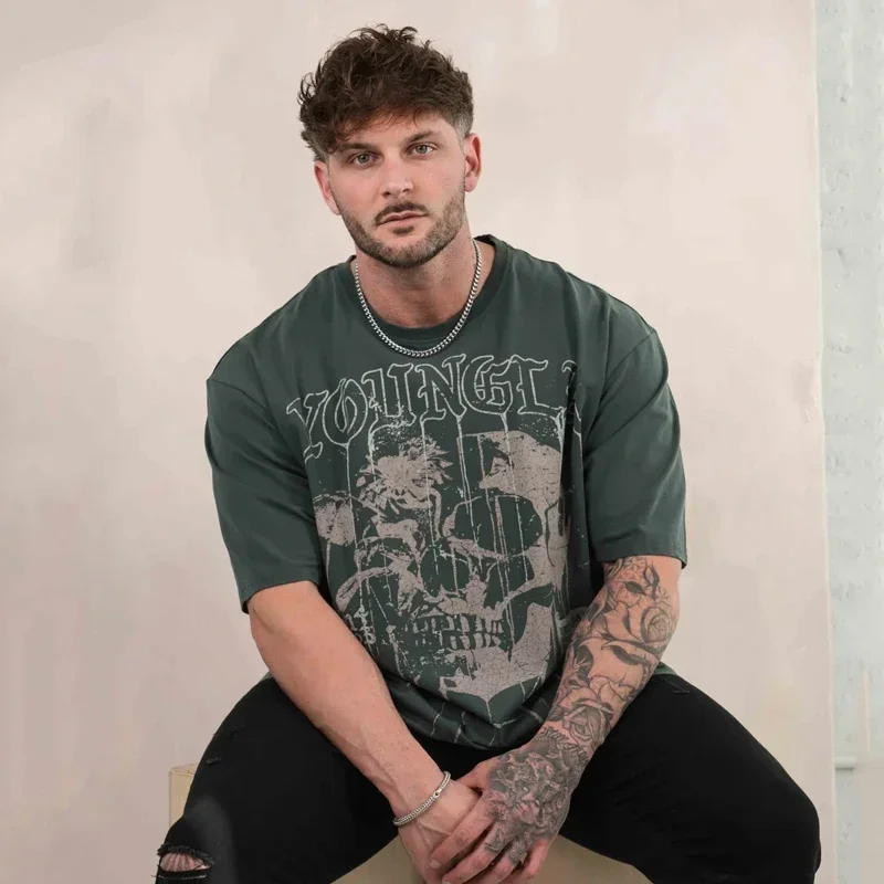 2024 Men\'s Oversized  Summer New Sports Fitness Cotton Round Neck Full back Printed Short Sleeves Fashion trend T-shirt gym