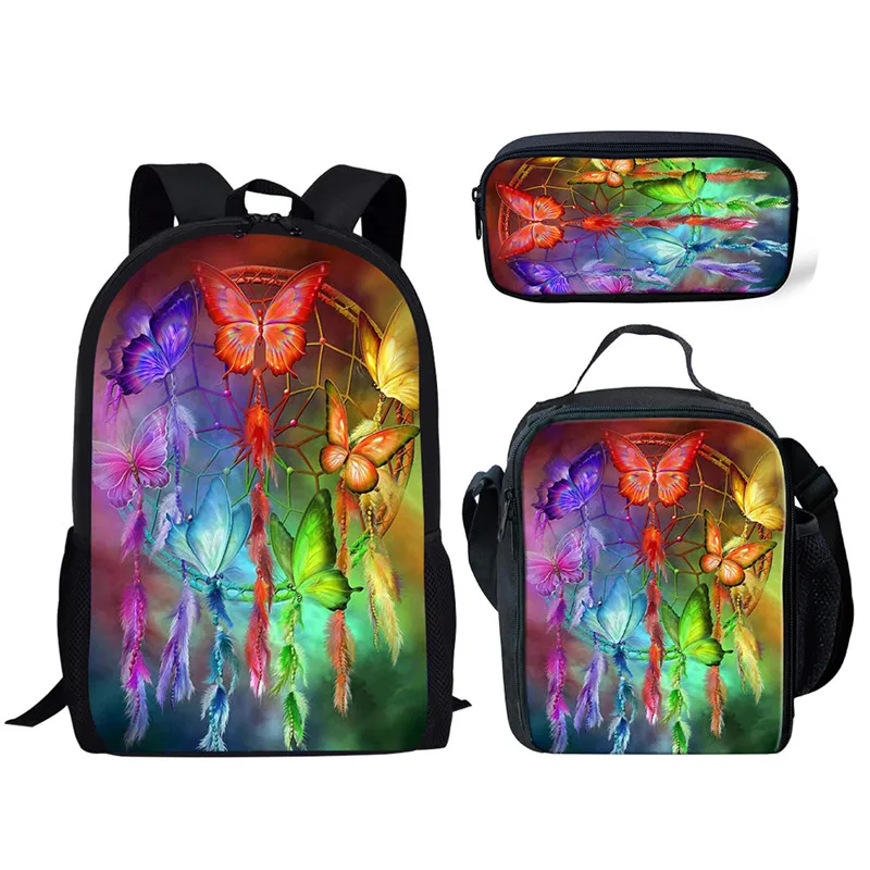 3Pcs/Set Dream Catcher Butterfly School Bag for Girls Boys Fashion School Bag Student Campus Backpack with Lunch Bag Pencil Bag