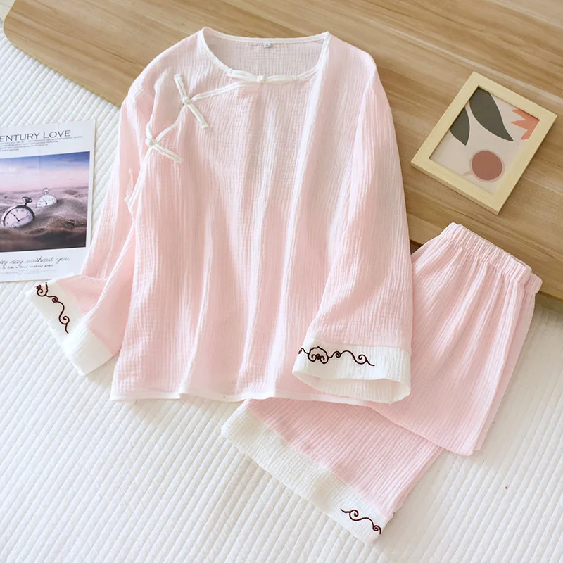 Chinese Retro Style Cotton Gauze Pajamas Women's Spring and Autumn Round Neck Long-sleeved Loungewear Patchwork Cloth Embroidery