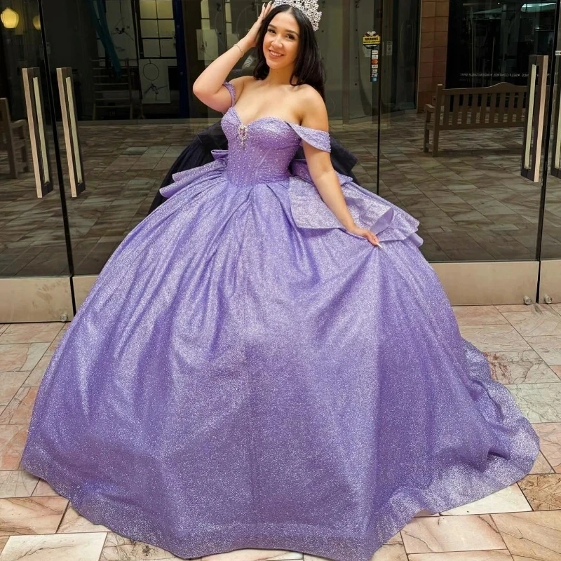 

Lavender Shiny Sweetheart Quinceanera Dresses Off Shoulder Sequined Beads Chapel Train Corset Prom vestido de debutante 15 anos