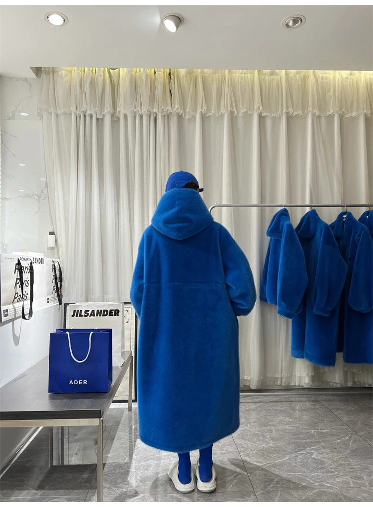 Lautaro Winter Long Oversized Warm Thick Blue White Fluffy Faux Fur Coat Women with Hood 2022 Loose Casual Korean Style Fashion