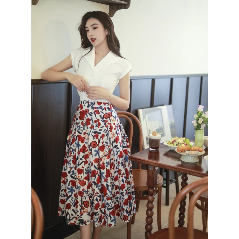 

Hong Kong Sle High Waist Floral Print f Skirt Women's Summer New A-Line Midi Skirt Polyester Cotton Blend Maxi Skirt