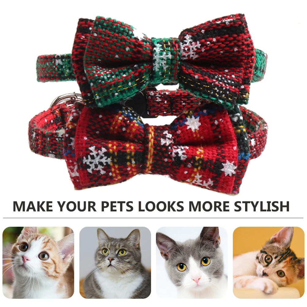 

2pcs Pet Collar Cat Neck Collar Christmas Themed Adjustable Bow Knot Design Fashionable Dog Necklace Durable Cloth Material For