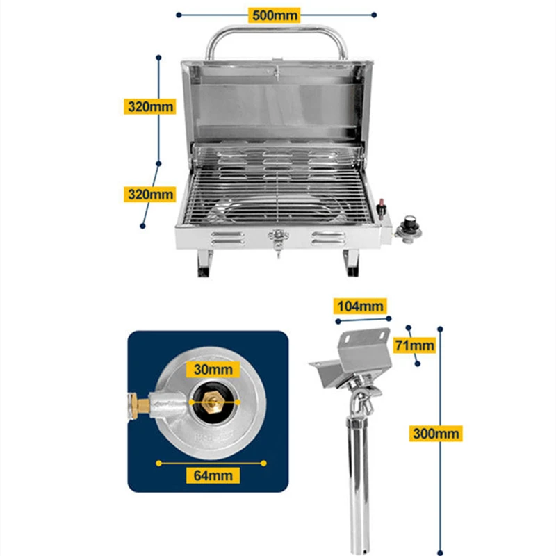 

Portable Outdoor Gas BBQ Grill with 304 Stainless Steel, Fish Rod Holder, and American-style Meat Rack for Boats and Yachts
