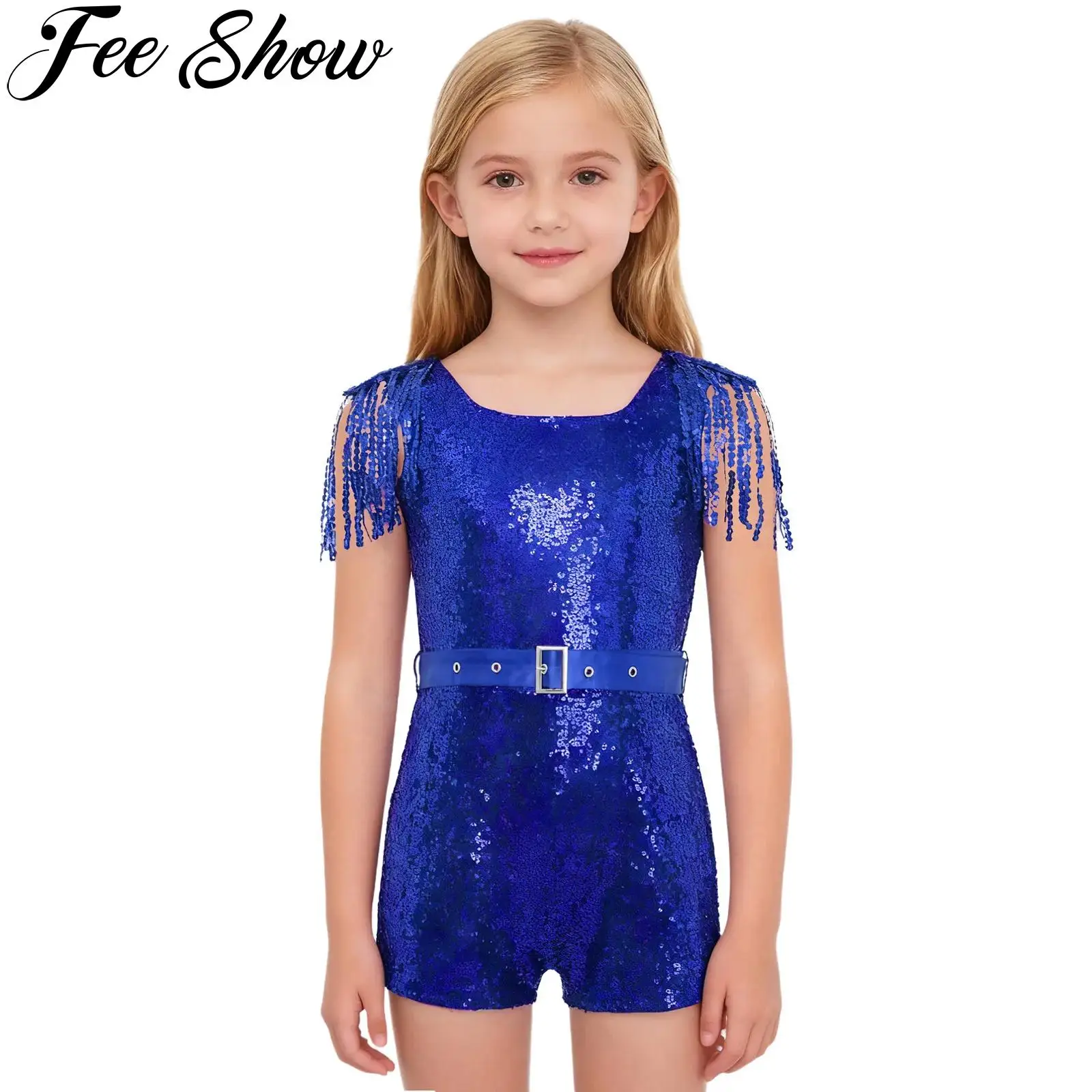 بدلة قفز للفتيات لرقص الجاز مزينة بالترتر اللامع بدون أكمام مع حزام خصر لحفلات أعياد الميلاد وحفلات الزفاف وحفلات التخرج