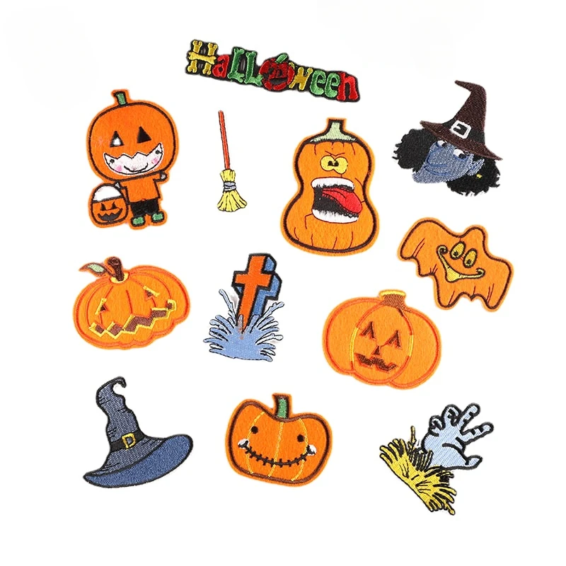 100pcs/Lot Luxury Anime Embroidery Patch Halloween Pumpkin Lantern Ghost Cross Broom Witch Clothing Decoration Craft Applique