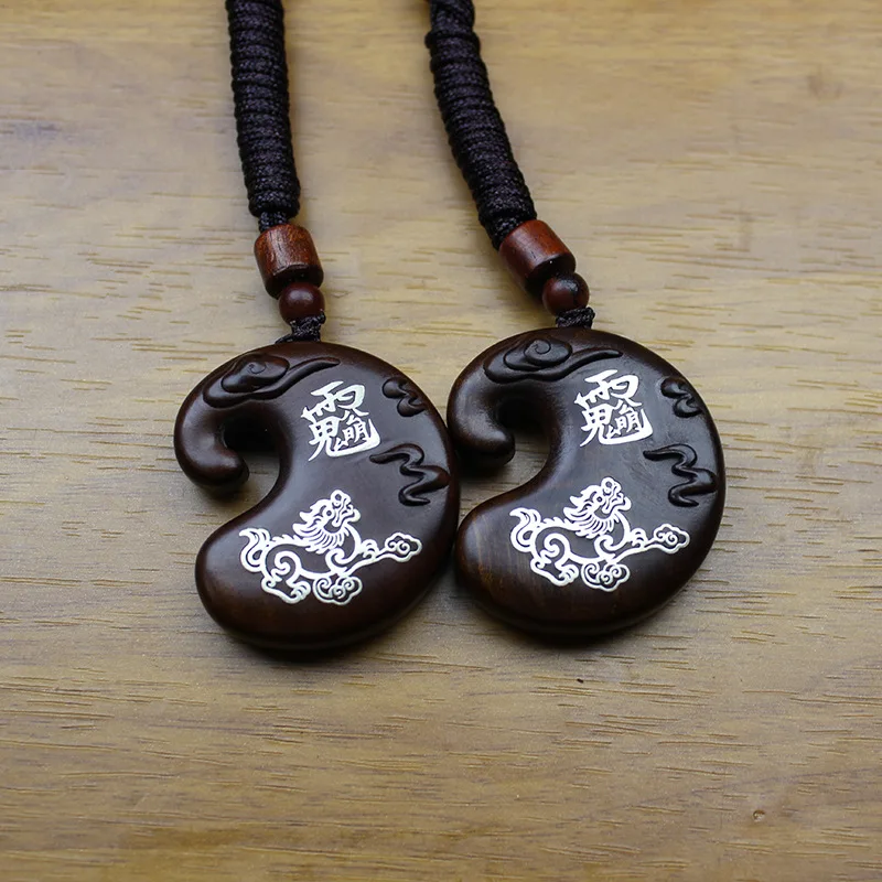Chinese Style Natural Thunderstruck Jujube Wood Pendant Pure Silver Inlay Auspicious Cloud Pixiu Double Sided Hand Carved Lucky