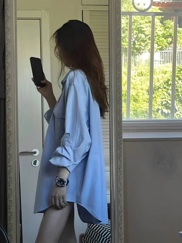 Niebieska Luźna Damska Koszula irt 2025 Nowa Modna Bluzka Chroniąca Przed Słońcem na Jesień, Codzienna, Długi Rękaw, Klasyczny Krój
