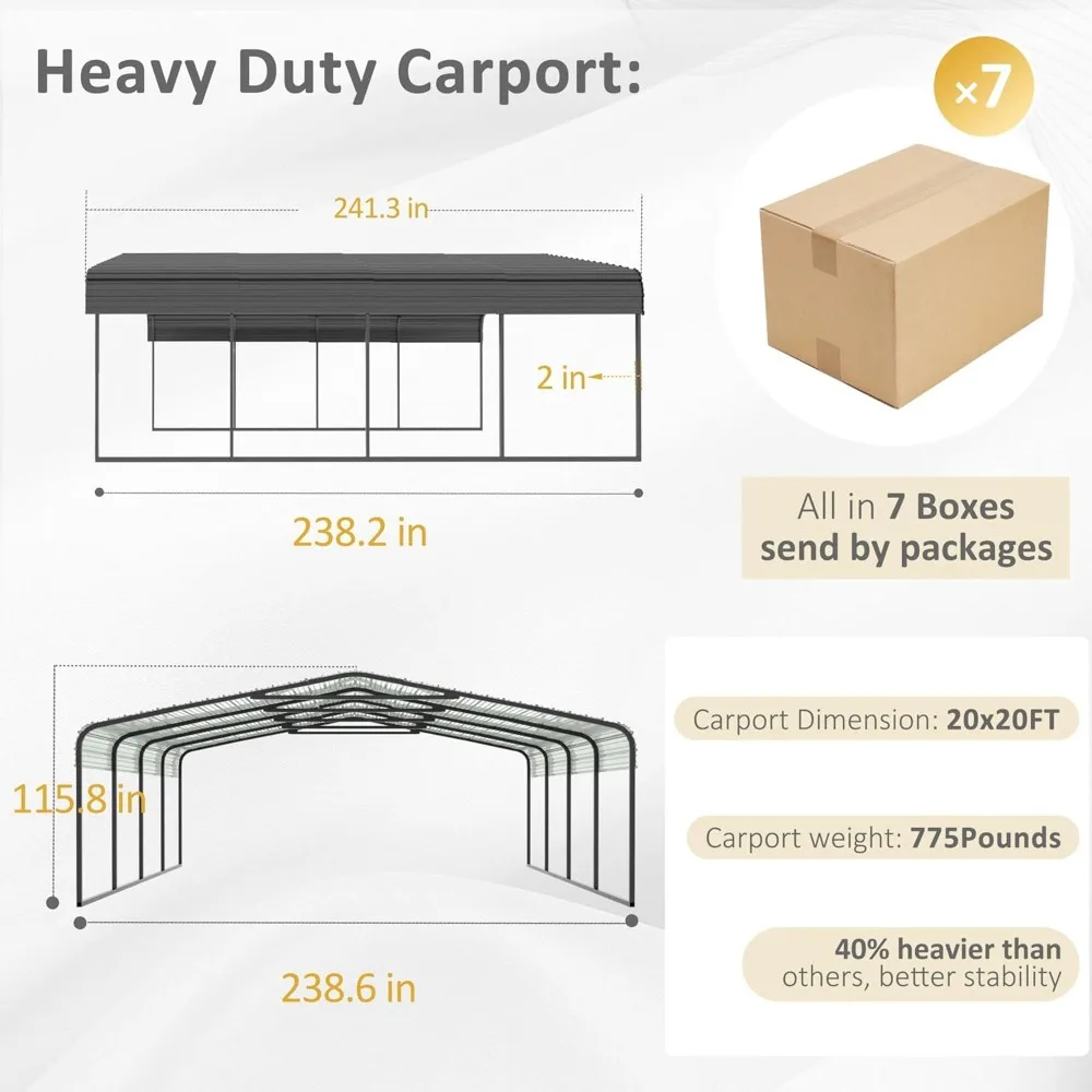 20' x 20' Heavy Duty Canopy for Garage, Outdoor Carport, Car Garage Shelter with Innovative Assembly Metal Roof and Frame,Grey