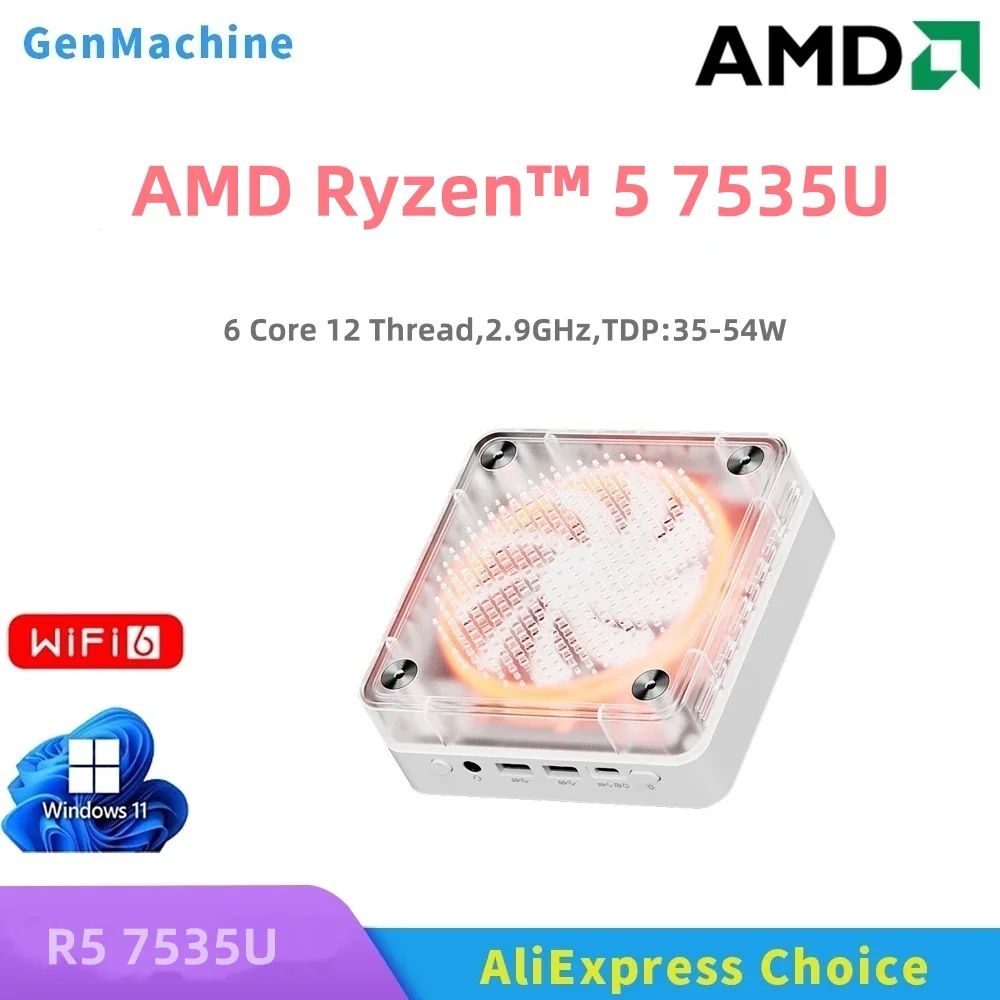 GenMachine AMD Ryzen™ 5 7535U Windows 11 Ryzen MINI PC 6 Core 12 Thread 2.9GHz TDP 35-54W WIFI6 diy gaming computer