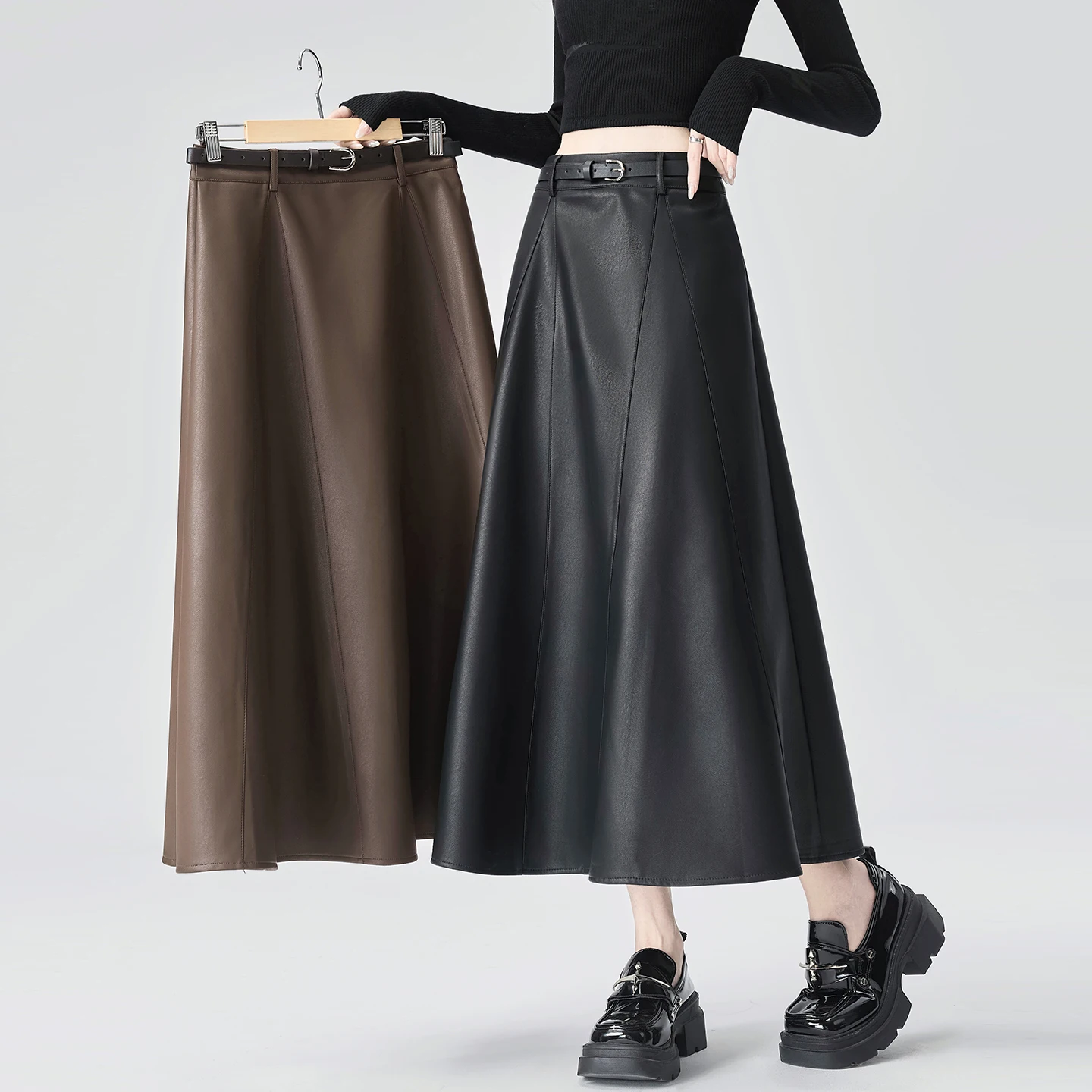 2026 New Fashion Trendy Women's PU Leather Skirts Autumn A-Line Long Umbrella Midi Skirt Elegant Chic Streetwear Office Lady