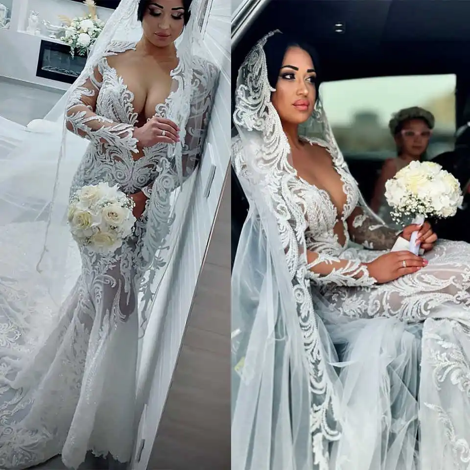 Vestidos de novia de sirena a la moda para mujer, vestido de manga larga con cuello en V, apliques de lentejuelas, tren de barrido sin espalda, vestido de fiesta personalizado