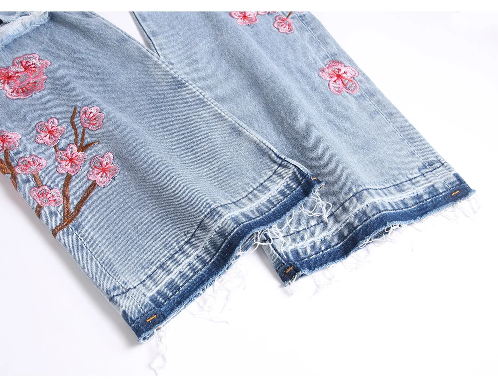 Herren-Jeans mit Sakura-Stickerei, Streetwear, Boot-Cut-Hose, ausgestellter Saum, ausgestellte Hose mit Rissen und Kirschblüten-Design – Detail 22