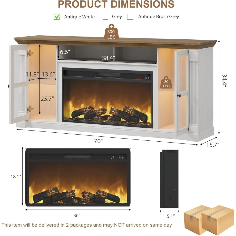 Farmhouse Fireplace TV Stand Up to 80" TVs, 70" Modern Highboy Entertainment Center with 36" Electric Fireplace & LED Lights,