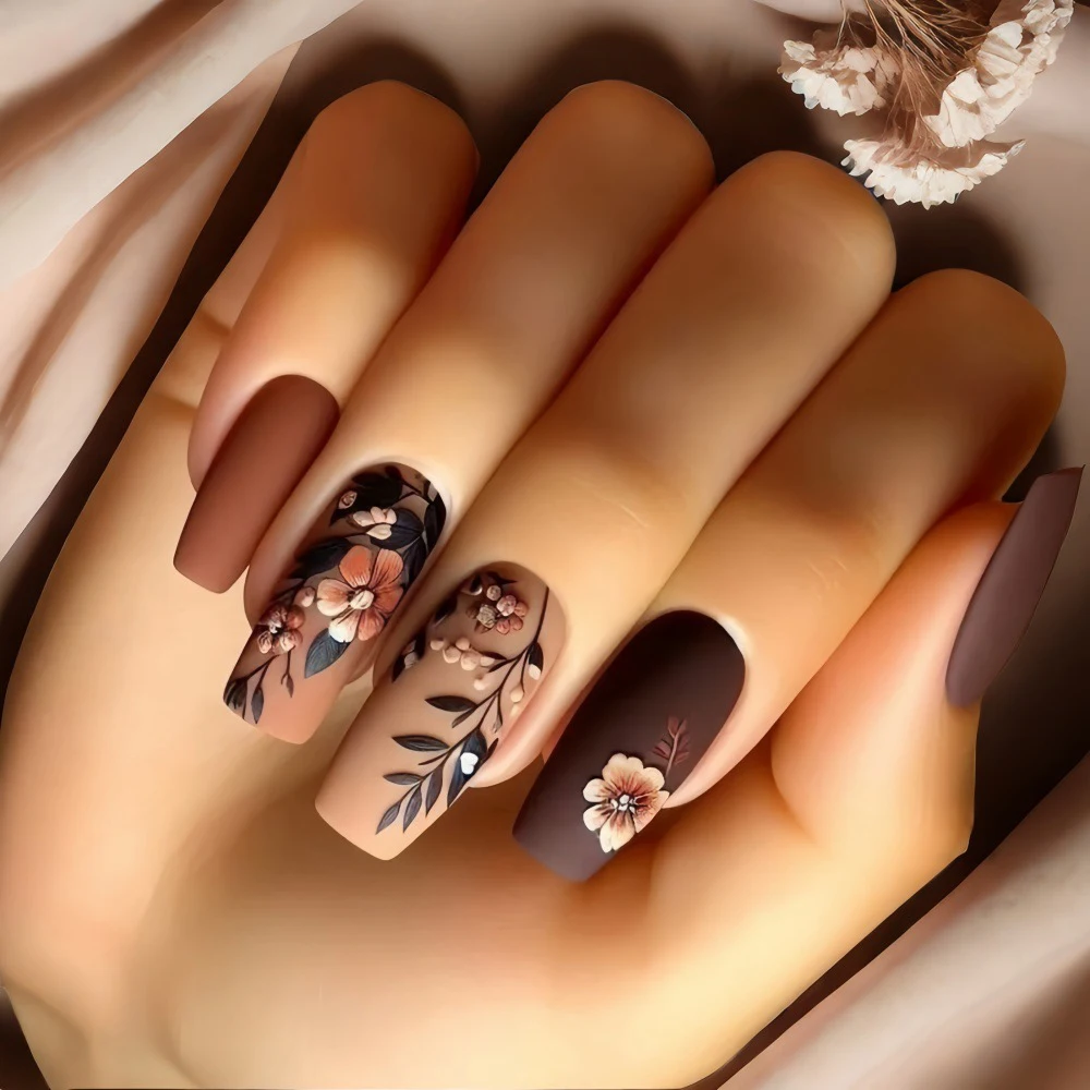 Medium fake nails for women coffee brown colors nail tips with flowers design ballet shape full cover reusable press on nails
